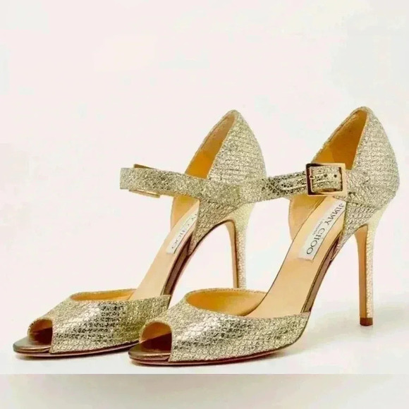 Jimmy Choo Gold Coarse Glitter Peep Toe Ankle Strap Sandals Size 35 1/2 - Picture 1 of 16
